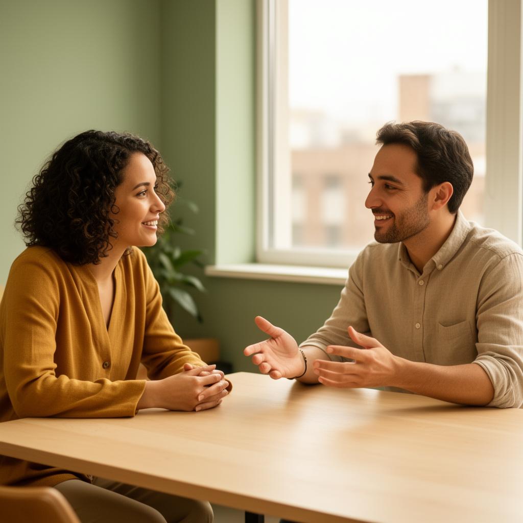 Deux personnes en conversation bienveillante autour d'une table — symbole du lien humain dans l'accompagnement professionnel